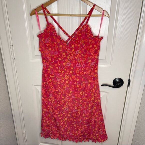 Y2K Express Pink Orange Floral Ruffle Racerback Babydoll Mini Dress Sz 8 Girly - Picture 1 of 6